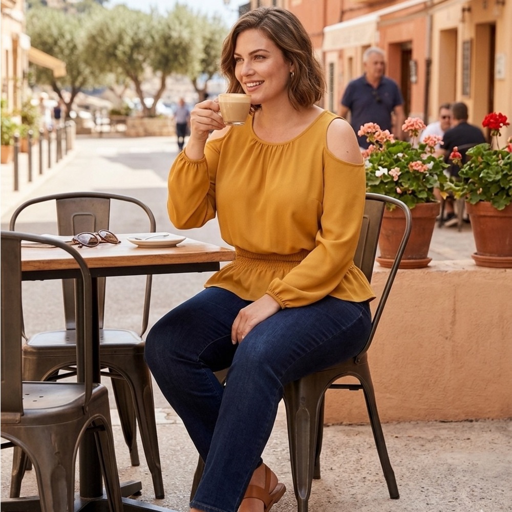 Cold-Shoulder Smocked Waist Blouse - Mustard